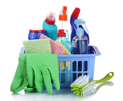Cleaning staff using protective gloves and approved products